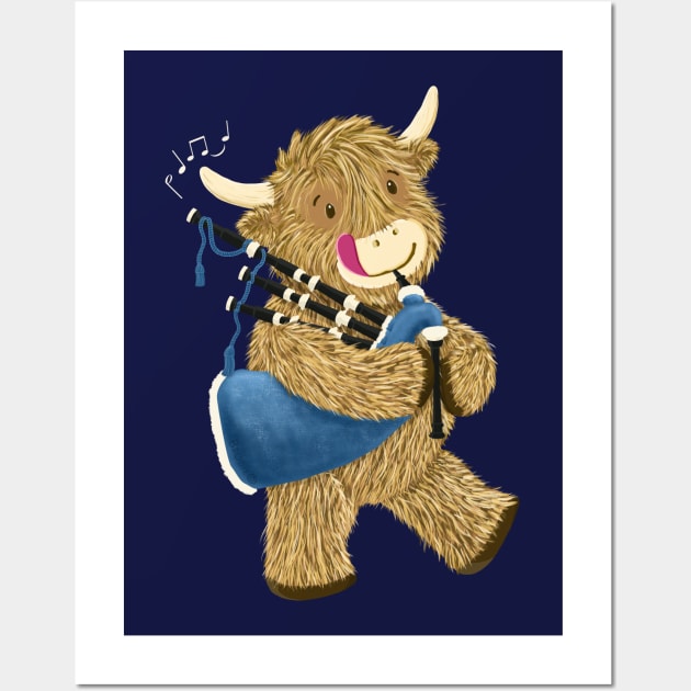 Wee Hamish The Happy Scottish Highland Cow Playing Bagpipes Wall Art by brodyquixote